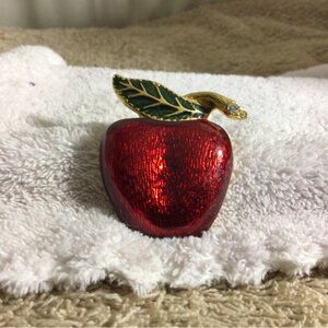Decorative Red Apple Brooch with Gold Leaf Accent